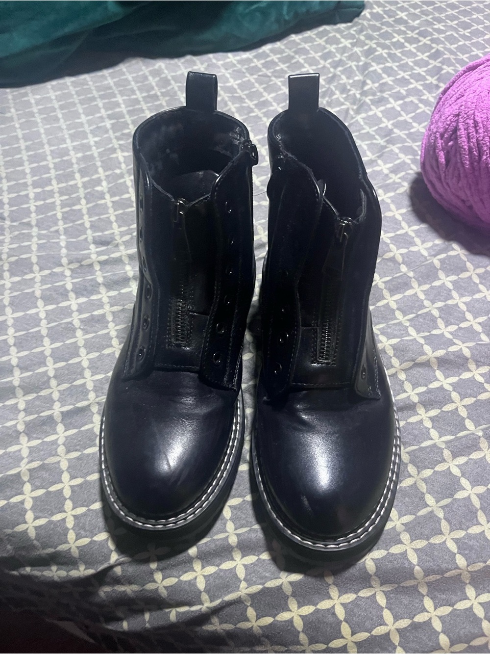 Black Leather Combat Boots with Contrast Stitching